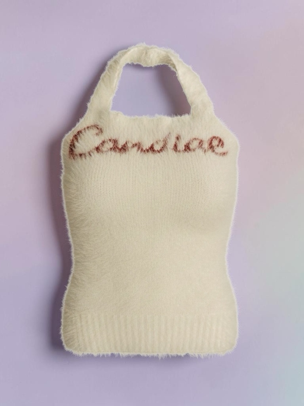 Y2K Fuzzy Knit Cream Candies Graphic Halter Crop Top Crop XS S